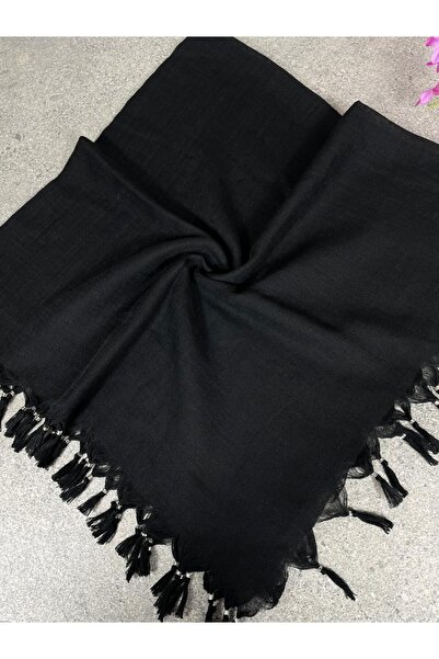 Sobe Hediyelik Black Writing Scarf – Tassel Edged, Cotton Fabric