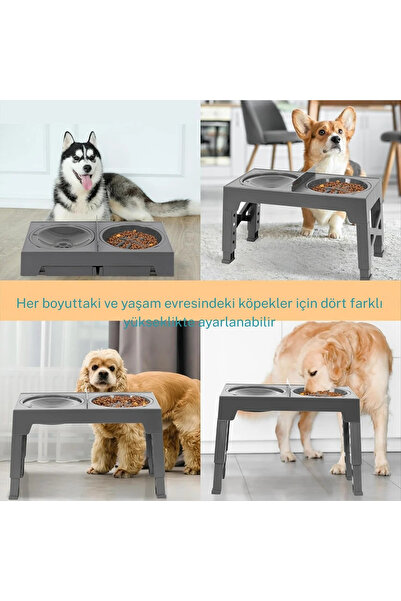 YENİTECH Ayarlanabilir Yükseltilebilir Köpek Kedi Mama Kabı Yavaş Yeme ve Sıçrama Önleyici Su Kabı 2’li Set