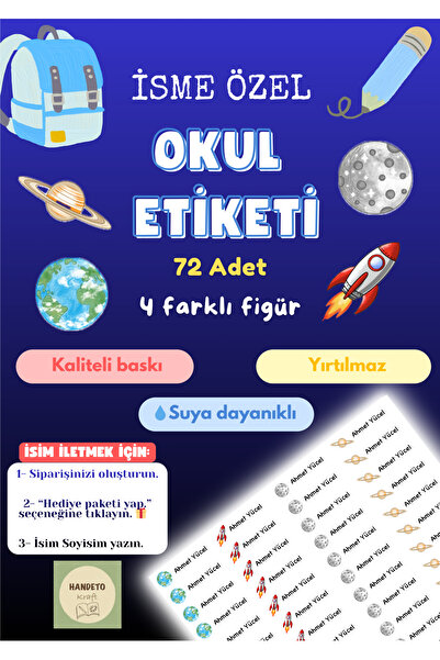 Handeto Kraft 72 Adet Uzay Temalı Kişiye Özel Okul Etiketi İsim Yazılabilen E...