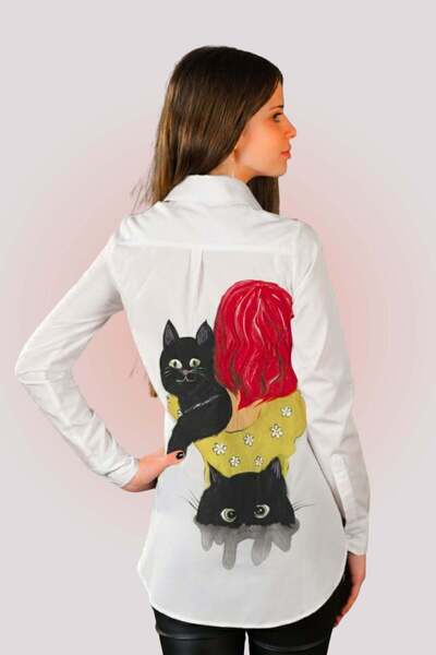 Suavette Hand Painted Shirt "Cat Lover" (Cat Design) made of Bamboo and Cotton