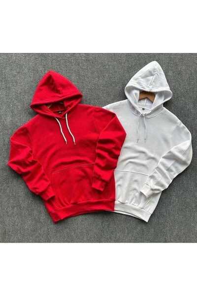 HerTarzınTrendi Hanorac unisex alb-roșu cu glugă, pachet de 2, tricou