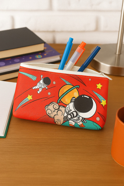 Bymiel Astronaut and Rocket Patterned Space-Themed Zippered Pencil Case – for Kids and Students