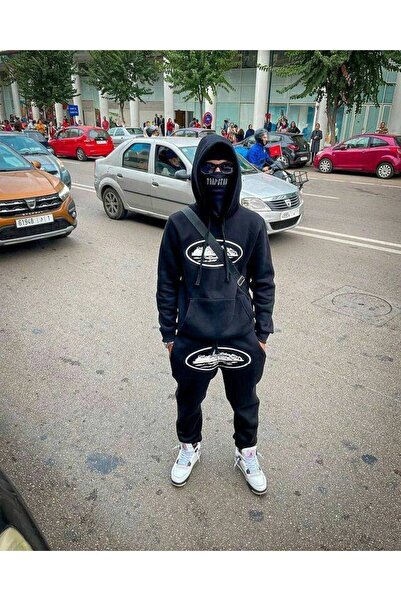 CLASSY.MODA Unisex 3 Thread K Hooded Kangaroo Pocket Sweatshirt and Sweatpants Set Large Logo Printed