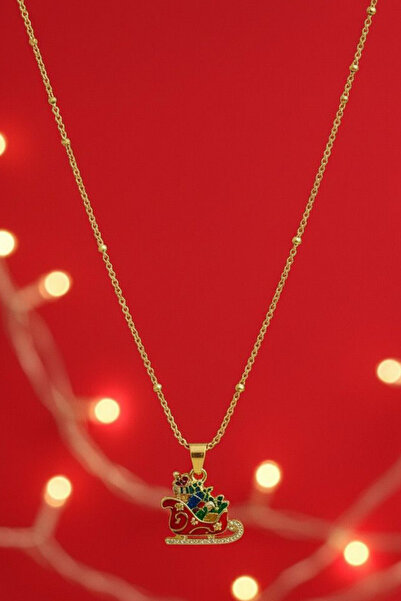 Jaida Moda Women's Snow Sled and Pine Tree Figured Ball Detailed Chain Steel Christmas Necklace