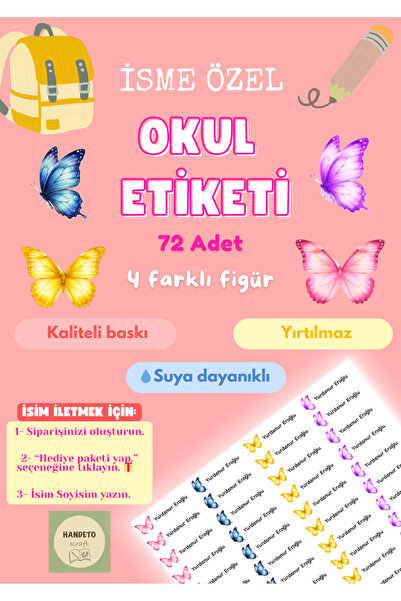 Handeto Kraft 72 Adet Kelebek Temalı Kişiye Özel Okul Etiketi İsim Yazılabile...