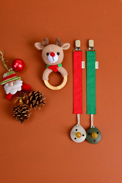 e&f Store Amigurumi Geyik Diş Kaşıyıcı Çıngırak ve Emzik Askısı Yılbaşı Seti