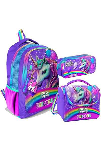 Genel Markalar High Üç Gözlü İlkokul ve Ortaokul Çanta Seti - Kız Çocuk - Mor...