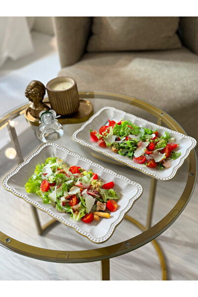 FBE HOME Yaldızlı İnci Servis Tabağı, Sunum Tabağı, Salata Tabağı 2 Adet Beyaz Renk