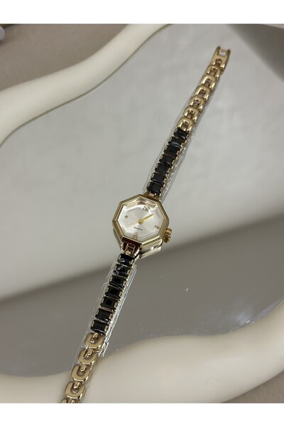 ela jewelry Octagonal Dial Black Stone Gold Cord Women's Wristwatch