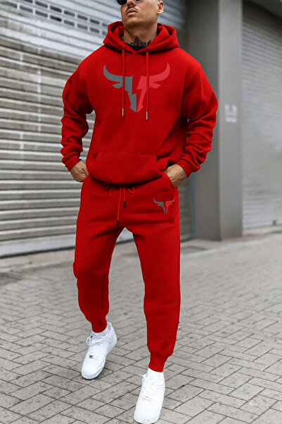 CLASSY.MODA Men's Hooded Tracksuit Set Bull Horn Printed Oversized Kangaroo Pocket 3 Thread Raster