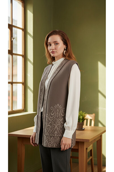 Uludağ Triko Jacquard Pattern Mink Knitwear Vest + Shawl Gift + Shawl Gift