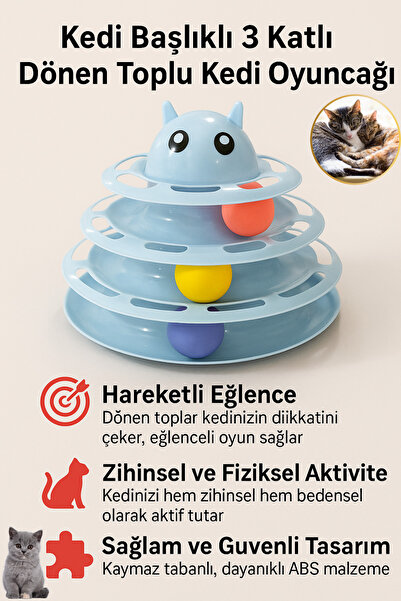 Hane Dostu Kedi Başlıklı 3 Katlı Dönen Toplu Kedi Oyuncağı – Hareketli Egzers...
