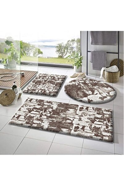 Genel Markalar Carpet 3'lü Banyo Paspası Desenli Peluş Banyo Halısı Peluş Des...