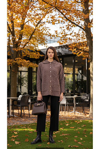 Uludağ Triko Embossed Patterned Knitwear Cardigan Brown +Shawl Gift