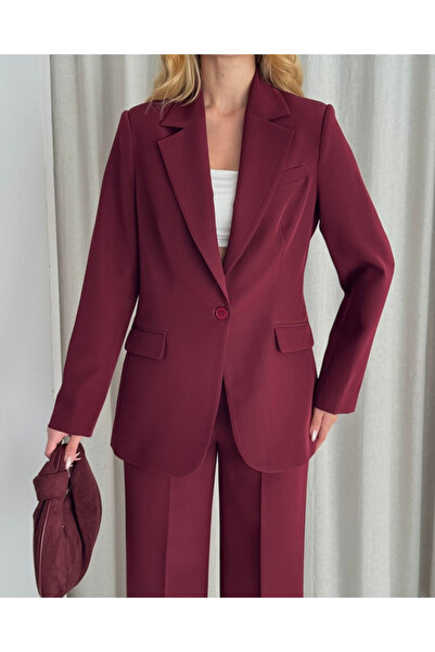 deqfashion Women's Burgundy Blazer Jacket Pants Set | Office & Stylish Suit