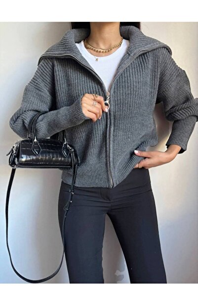 Nopen Knitwear Women's Anthracite Zippered Turn-Down Collar Knit Cardigan