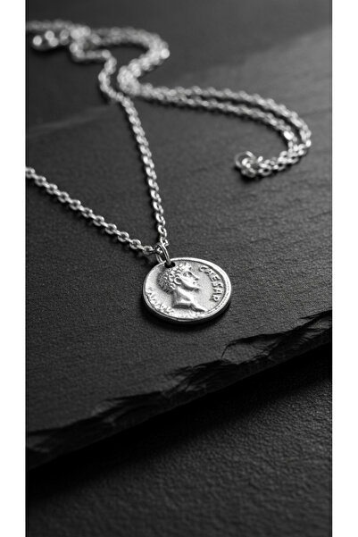 Alooya Roma Parası Sikke - Sezar Gümüş Kaplama Düz Zincir Kolye