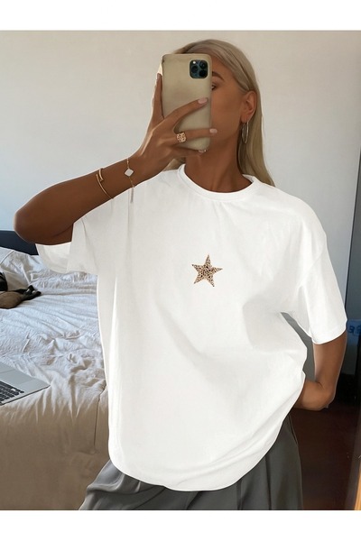 OVER HEAD Women's Star Leopard Printed Oversize T-Shirt