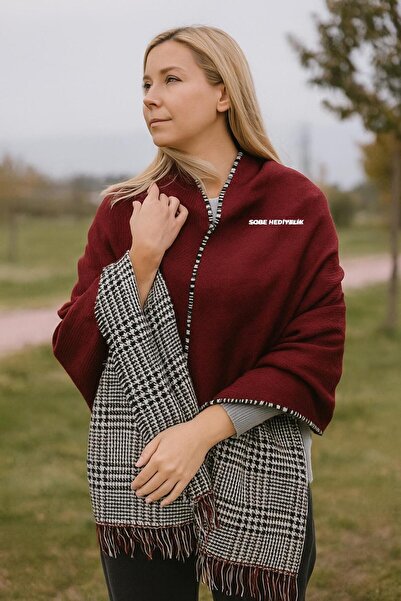 Sobe Hediyelik Burgundy Wool Shawl – Double-Sided Plaid Pattern Thick Winter Shawl