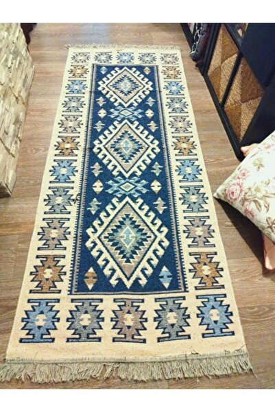 OEM Traditional woven double-sided rug, size 80 x 200 cm, blue and cream 001