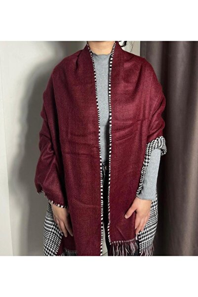 Sobe Hediyelik Burgundy Wool Shawl – Double-Sided Plaid Pattern Thick Winter Shawl