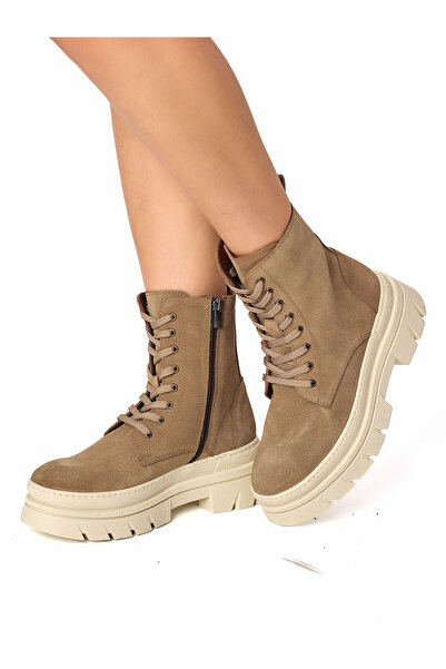 RUJO Bej Fermuarlı Bağcıklı Hakiki Süet Deri Kadın Bot