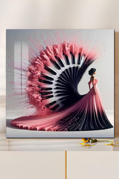 kutuTR 3D Görünümlü Temperli Cam Tablo – Pembe Elbise ve Piyano Formu UV Bask...