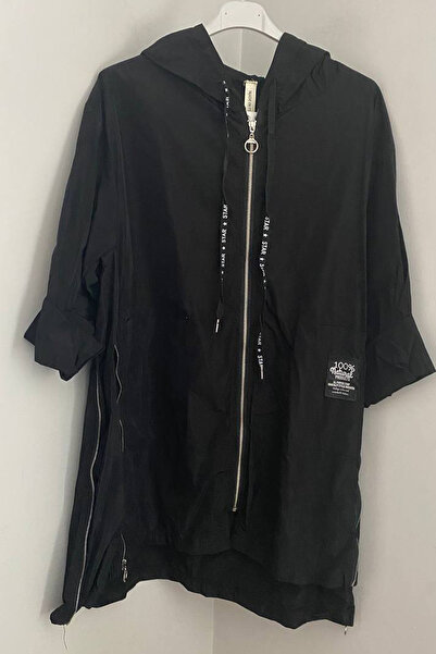 AYASOFYA OTANTIK Women's Italian Black Raincoat Windbreaker with Hooded Pockets and Side Zipper That Can Be Tightened