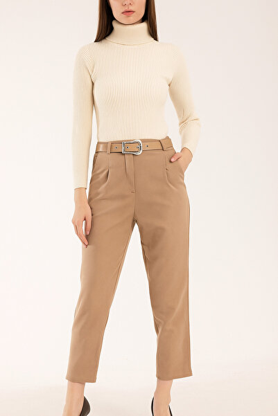 lubiti Women's Beige Suede Fabric Pants/With Belt and Cuffs