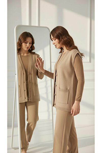 Uludağ Triko Buttoned Steel Knit Vest Sand +Shawl Gift