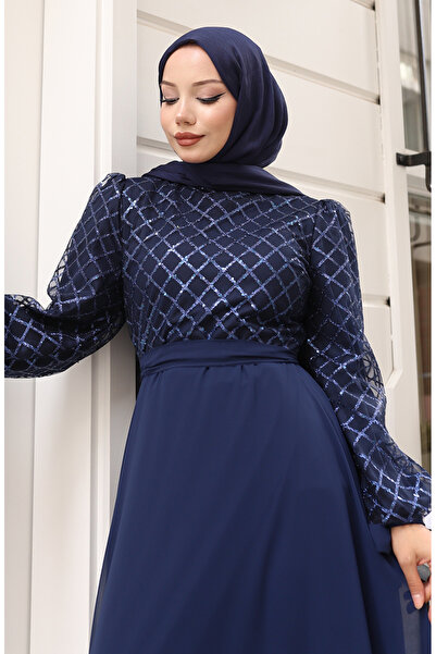 sefamerve Βραδινό φόρεμα σιφόν με παγιέτες 5617-02 Navy Blue