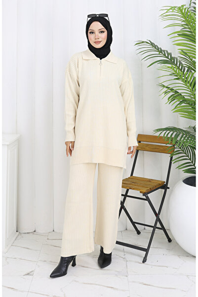 sefamerve Tricotaj Pantaloni tunică cu dungi cu fermoar Set dublu 1073-06 Bej