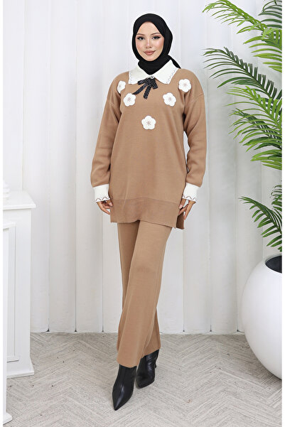 sefamerve Knitted floral appliqué tunic and pants two-piece set 1113-03 milky coffee