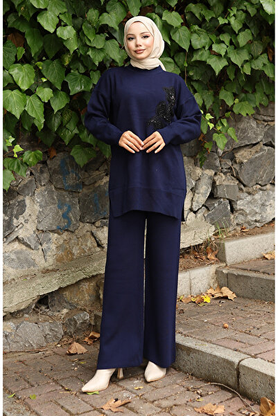 sefamerve Knitwear Floral Embroidered Tunic Trousers Double Set 1067-04 Navy ...