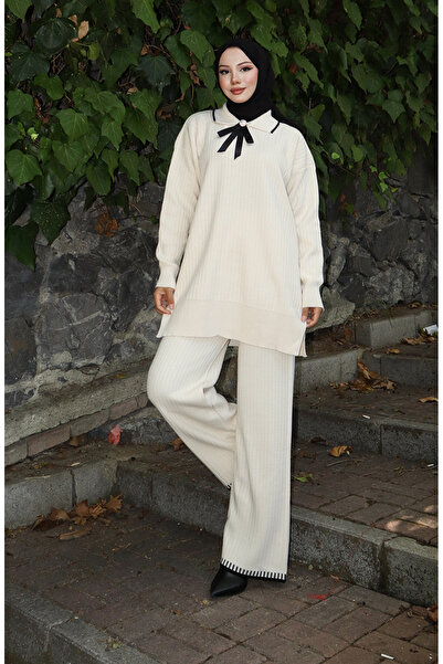 sefamerve Knitwear Ribbon Detailed Tunic Trousers Double Set 1064-03 Beige