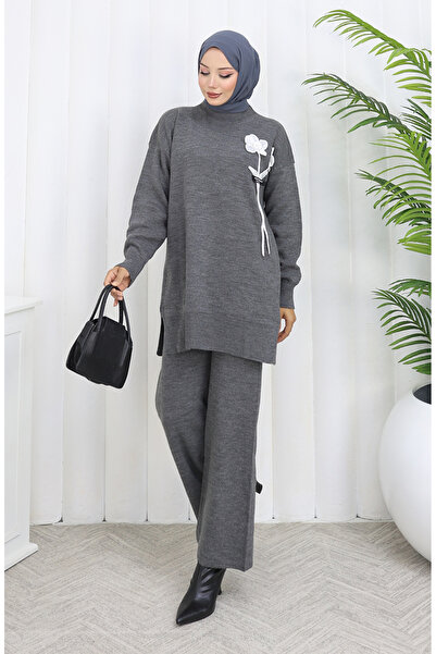 sefamerve Knitwear Floral Detailed Tunic Trousers Double Set 1037-08 Gray