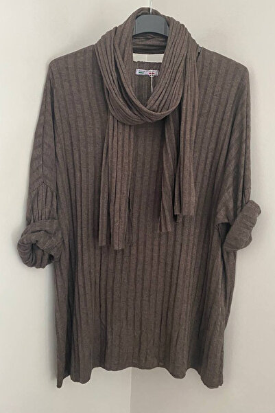 AYASOFYA OTANTIK Women's Italian Brown V-Neck Scarf-Style Striped Patterned Loose Knit Blouse