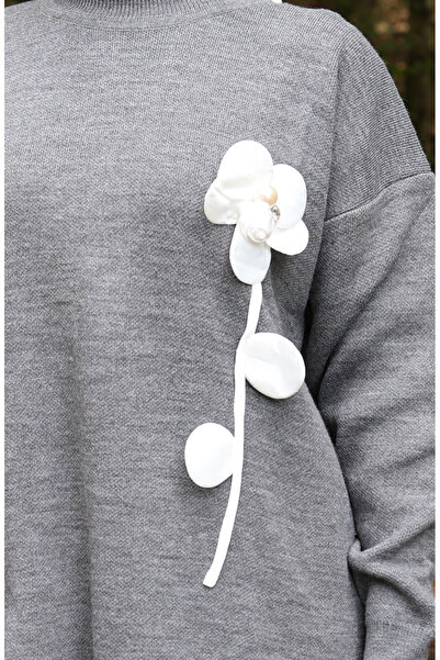 sefamerve Knitted floral tunic and pants two-piece set 1017-04 grey