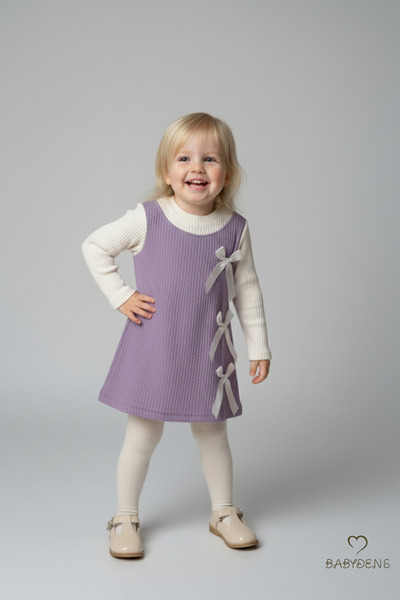 BABYDEN'S Girl's Corded Fabric Dress 100% Cotton, Long Sleeve, Bow, Soft Texture, Stylish Casual, Special Occasion Dress