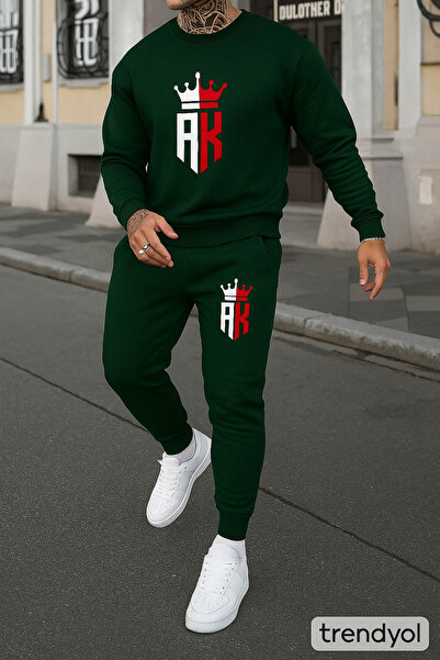CLASSY.MODA Men's 3 Thread Ş Fleece-Lined Tracksuit Set Ak Taç B Printed O Oversized Sweatshirt and Jogger Pants