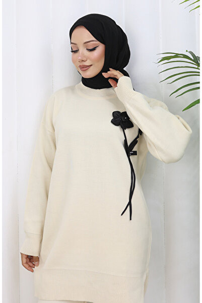 sefamerve Knitwear Floral Detailed Tunic Trousers Double Set 1037-07 Beige