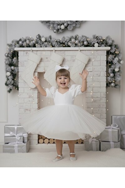 Tinypeople Girls Tutu Evening Dress White Balloon Sleeve Children Evening Dress Kids Party Dress Birthday Dress