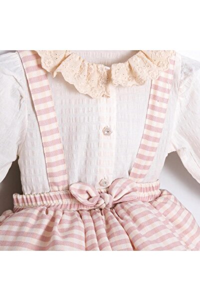 ministok Stella Lace Detailed, Gingham Patterned Baby Girl Salopet Skirt Set