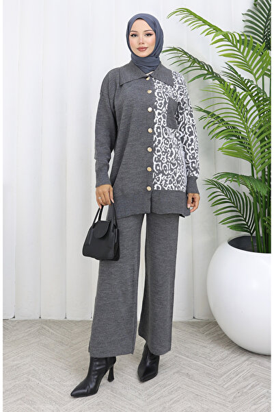 sefamerve Tricotaj cu secțiuni Pantaloni tunică cu nasturi Set dublu 1078-06 Gri