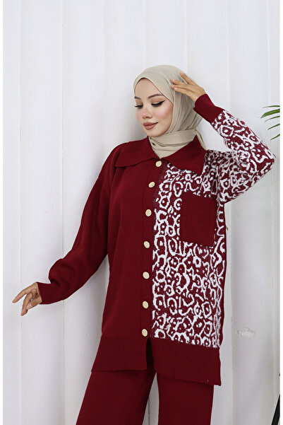 sefamerve Knitwear Paneled Buttoned Tunic Trousers Double Suit 1078-08 Claret Red