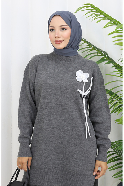 sefamerve Knitwear Floral Detailed Tunic Trousers Double Set 1037-08 Gray