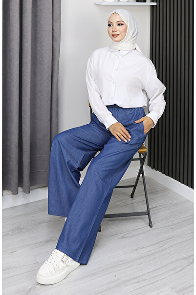 sefamerve Soft Textured Elastic Waist Jeans 7568-07 Dark Navy Blue