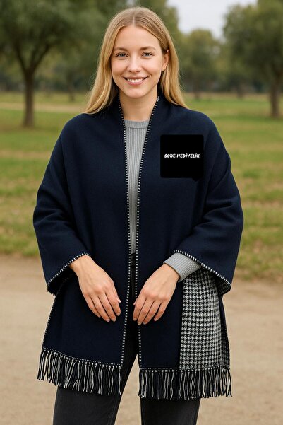 Sobe Hediyelik Navy Blue Wool Shawl – Double-Sided Plaid Pattern Thick Winter Shawl