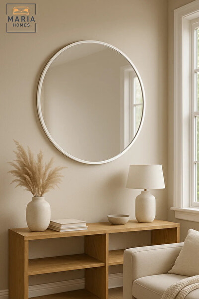 MARIA HOMES Round White Frame Wall Mirror for Bedroom, Bathroom, Vanity & Home Décor 100x100 cm