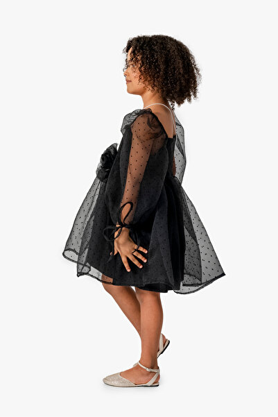 YUSALİ Black Evening Dress with Tulle Sleeves